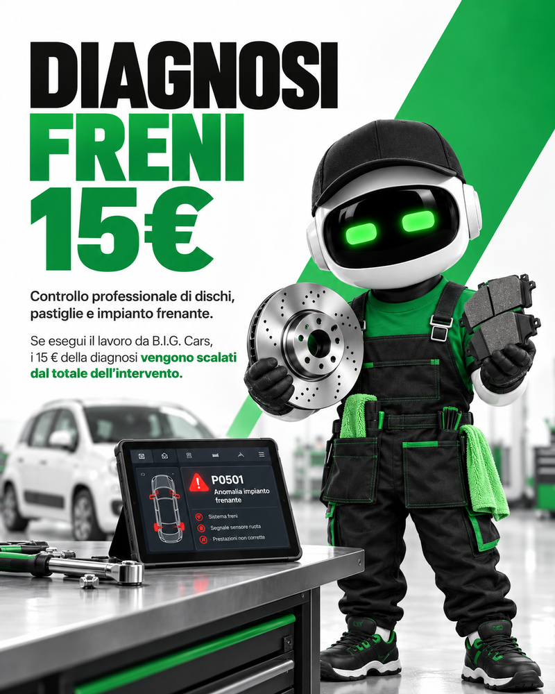 Diagnosi freni a 15 €: controllo professionale di dischi, pastiglie e impianto frenante. Se esegui il lavoro da B.I.G. Cars, i 15 € vengono scalati dal totale dell’intervento.